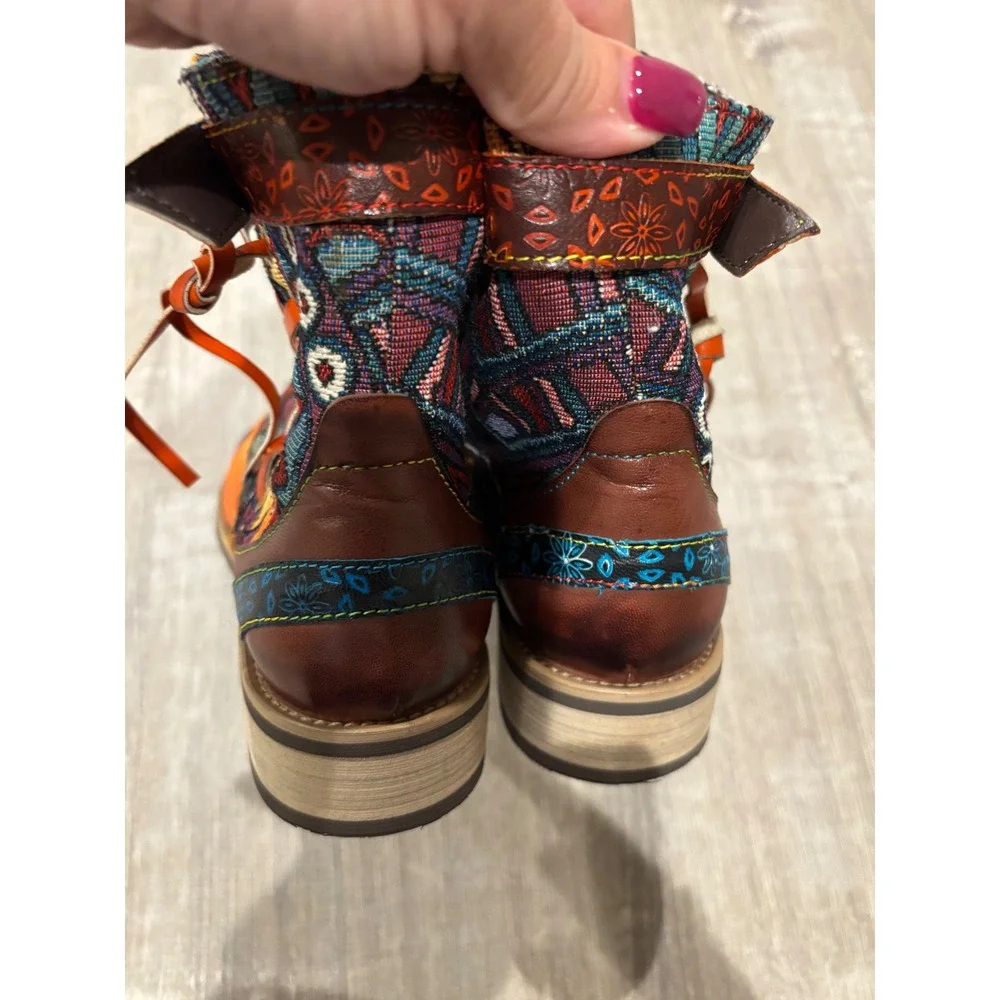 Bohemian Ankle Boots, Leather Accent, Colorful Fabric, Lace-Up, Side Zip‎ Sz 40